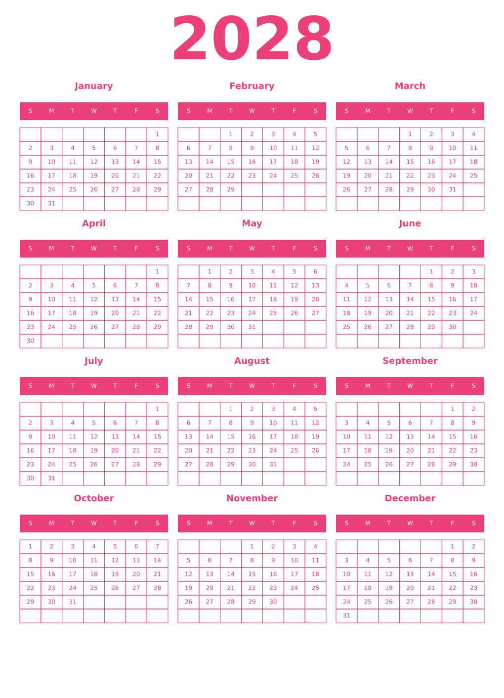 Printable 2028 Calendars