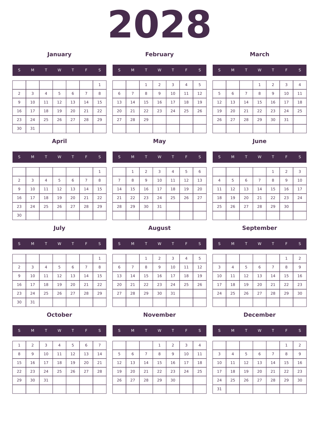 Printable 2028 Year Calendars aubergine