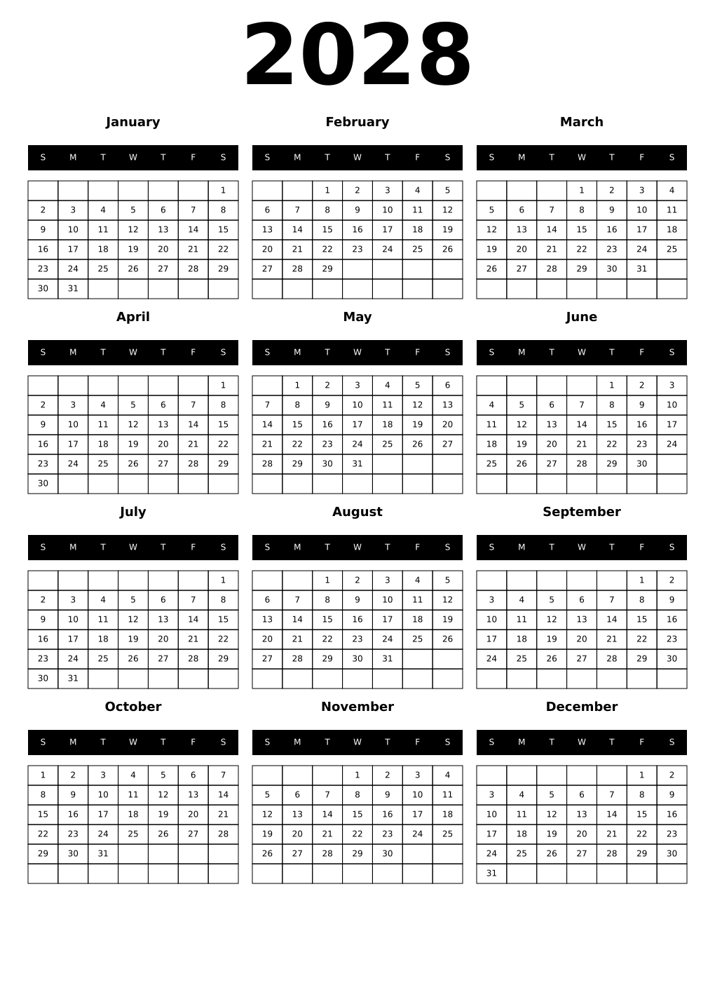 Printable 2028 Year Calendars black