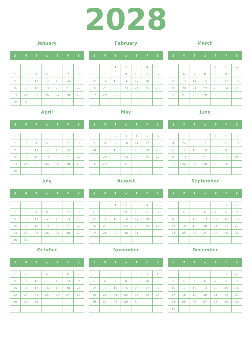 Printable 2028 Year Calendars celadon