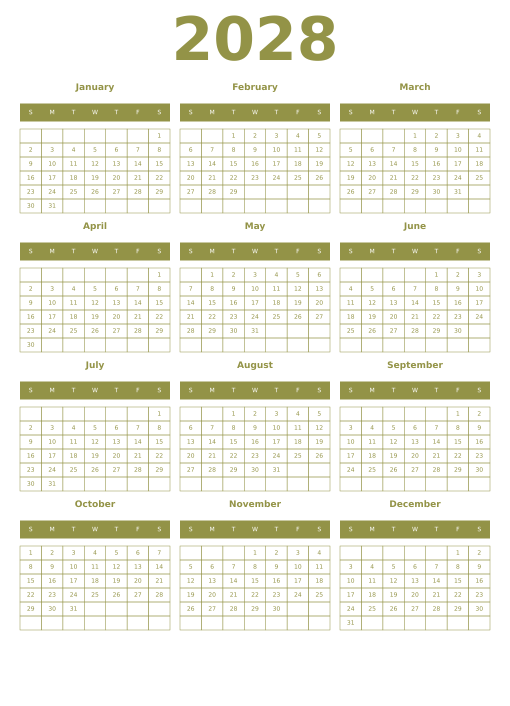 Printable 2028 Year Calendars eburnean