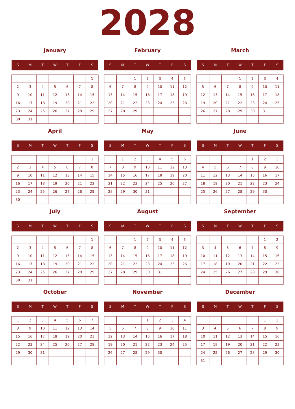 Printable 2028 Year Calendars falu