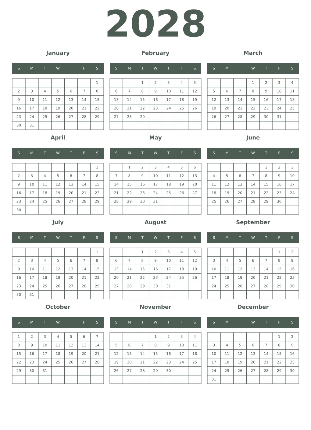 Printable 2028 Year Calendars feldgrau