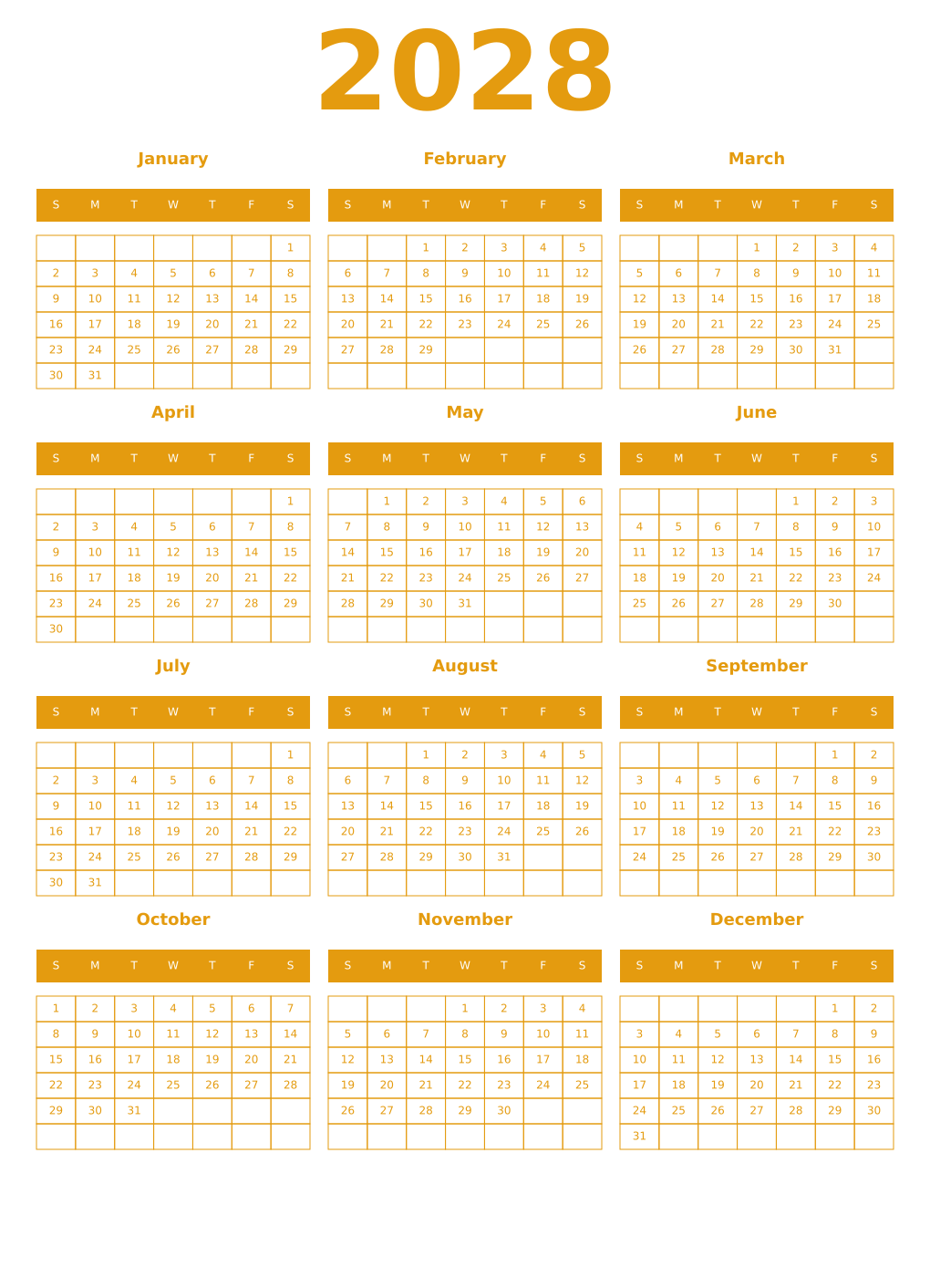 Printable 2028 Year Calendars gamboge