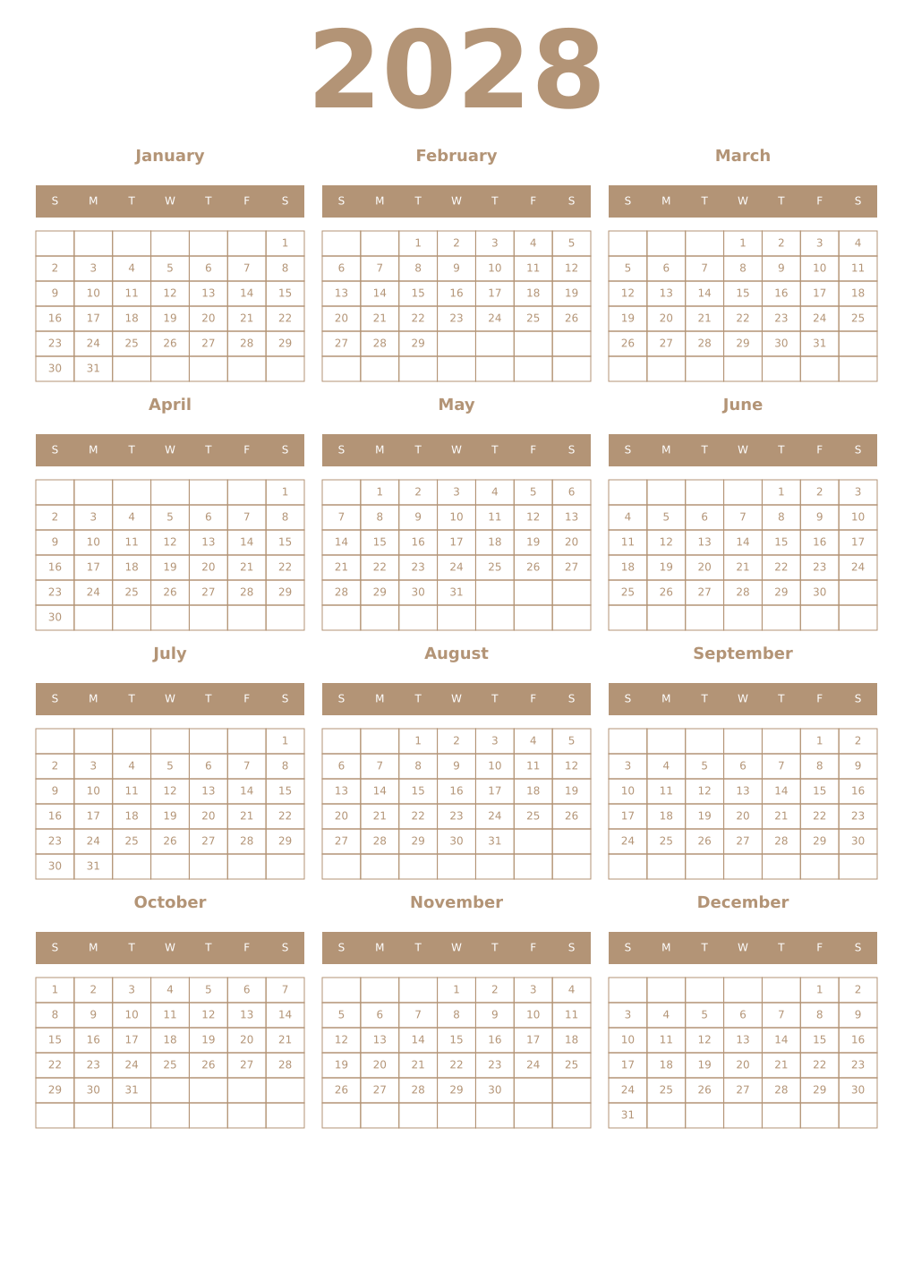 Printable 2028 Year Calendars isabelline