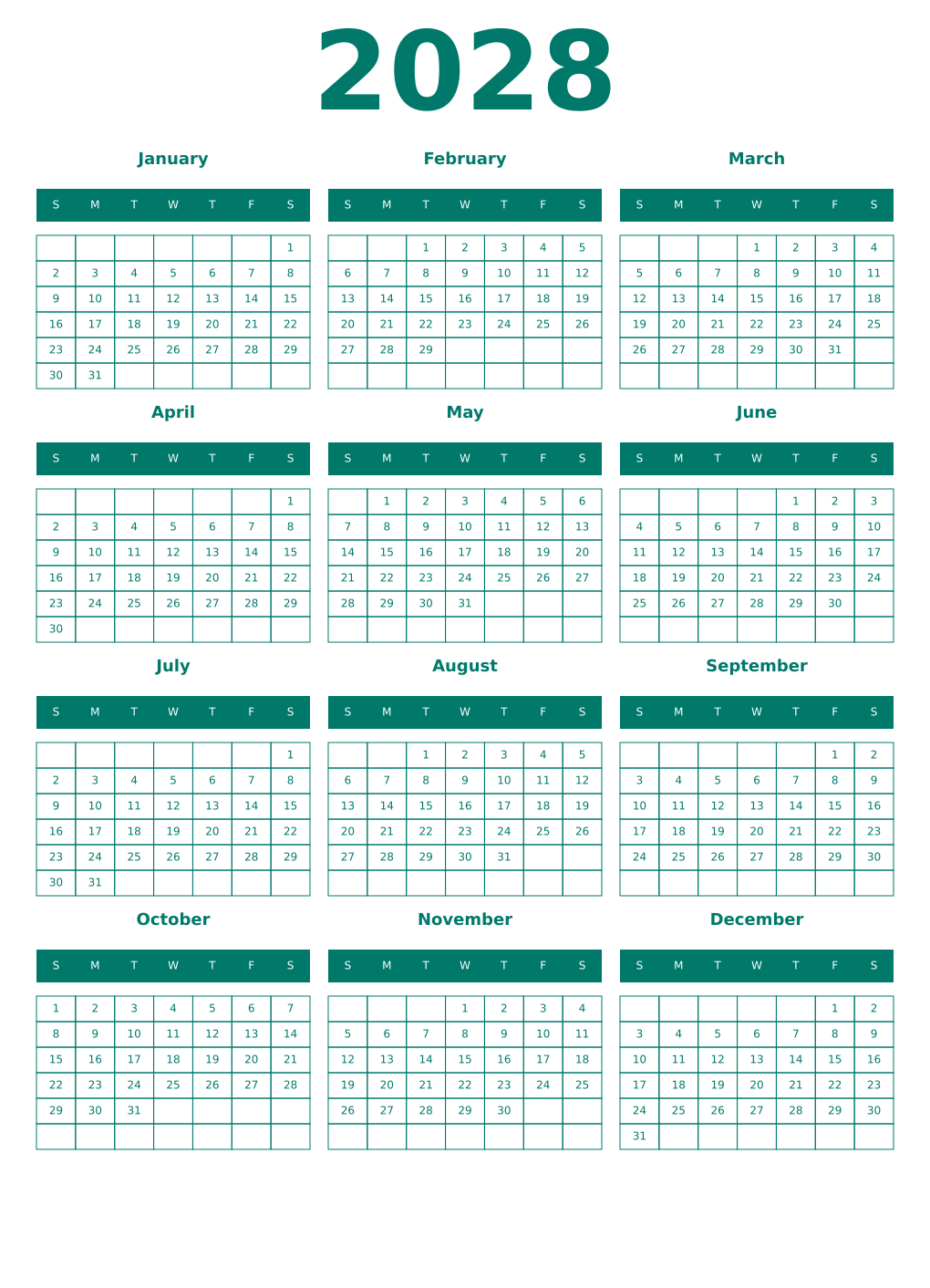 Printable 2028 Year Calendars pastel