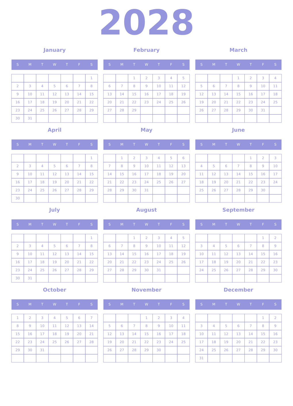 Printable 2028 Year Calendars periwinkle