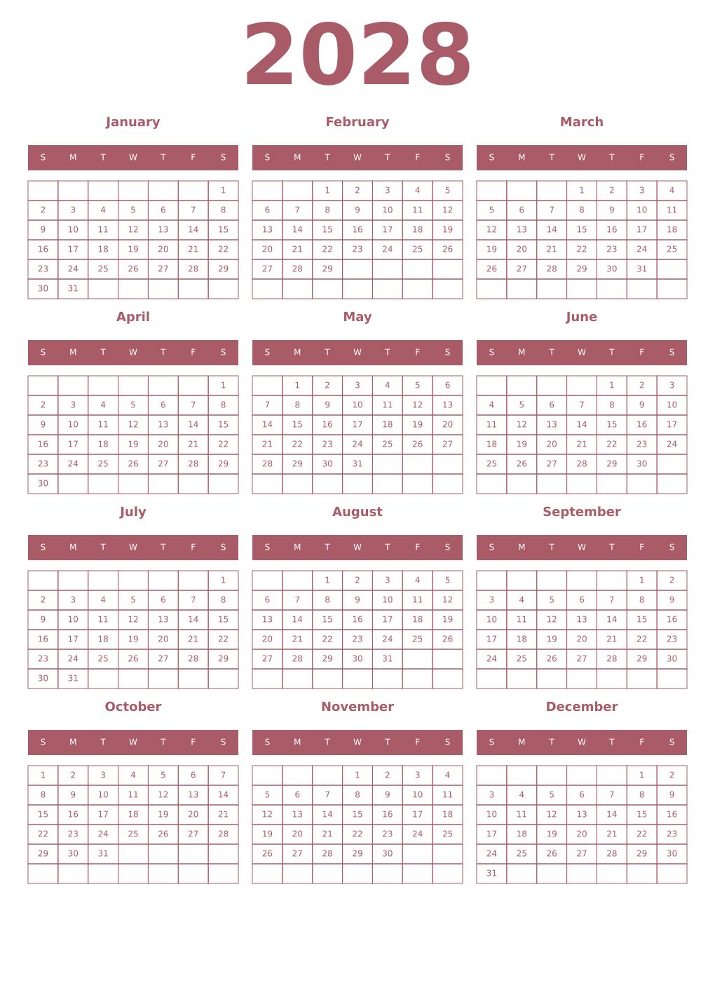 Printable 2028 Year Calendars puce