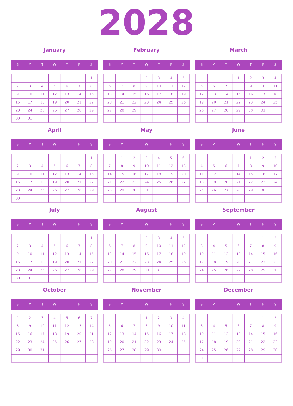 Printable 2028 Year Calendars purple