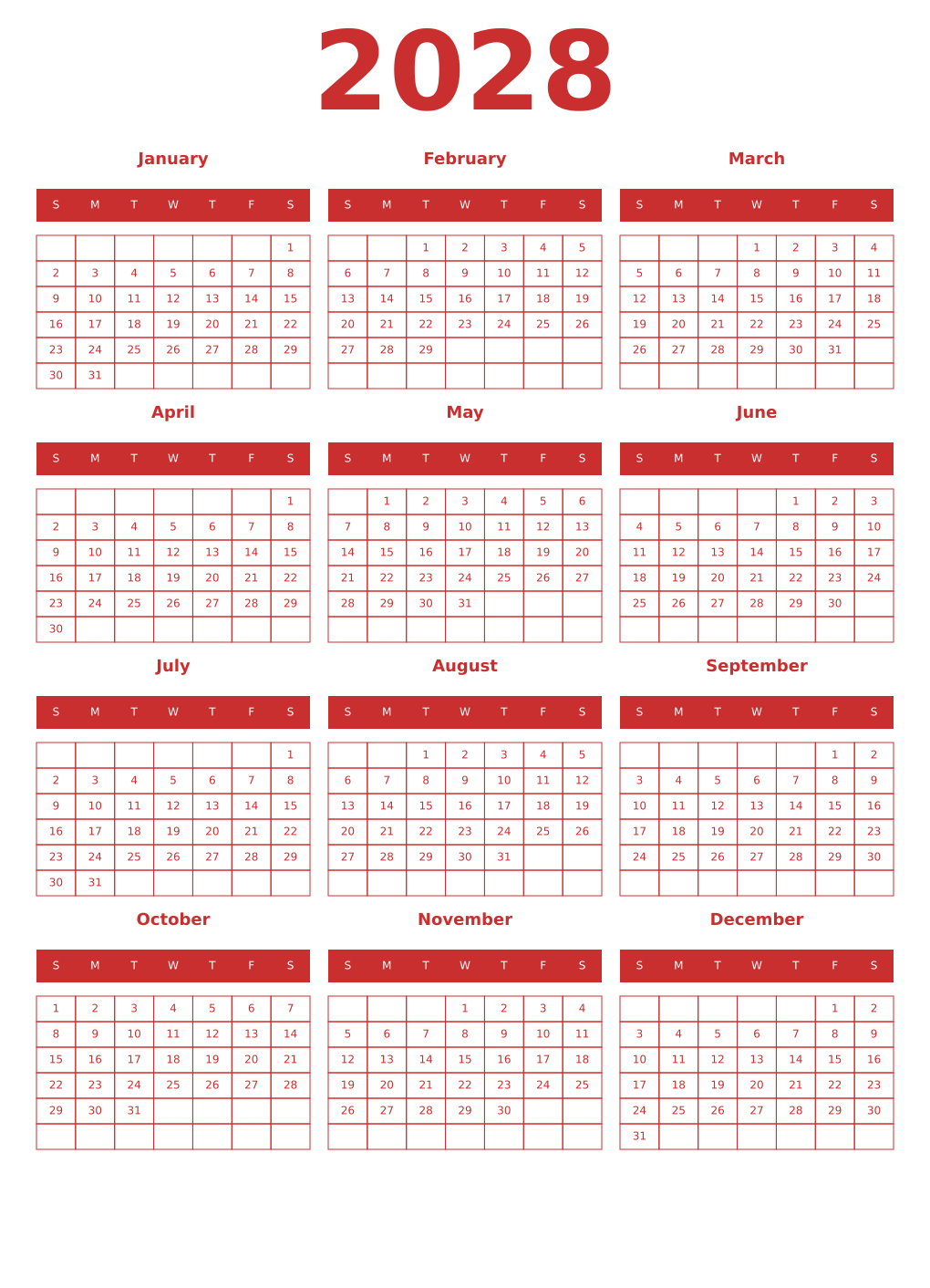 Printable 2028 Year Calendars red