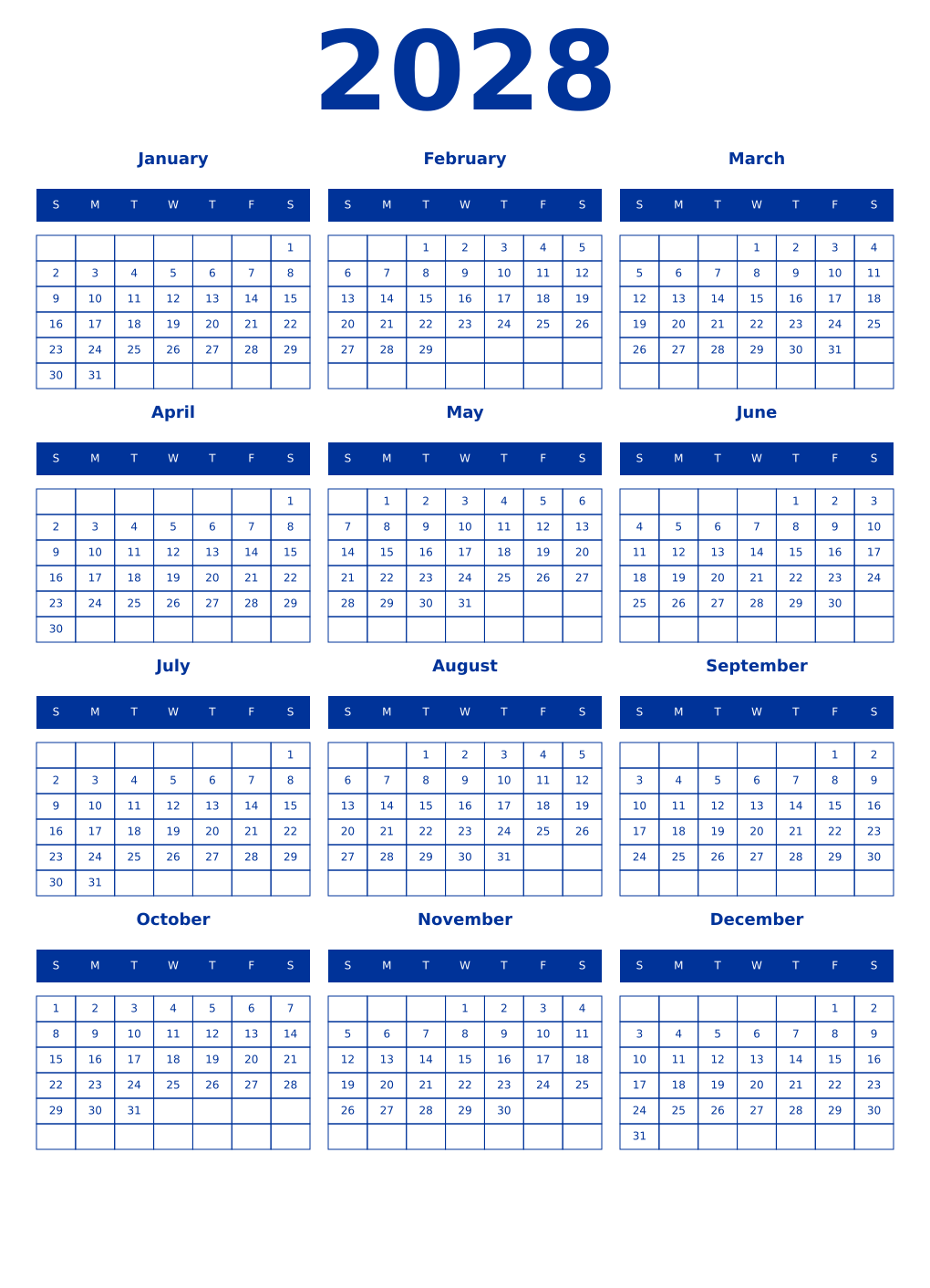 Printable 2028 Year Calendars smalt