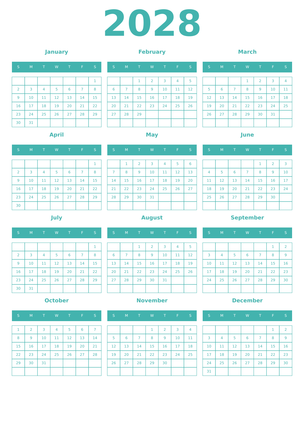 Printable 2028 Year Calendars verdigris