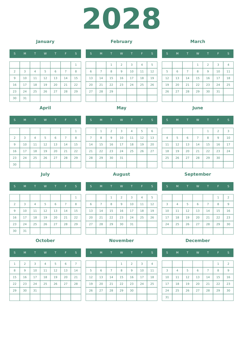 Printable 2028 Year Calendars viridian