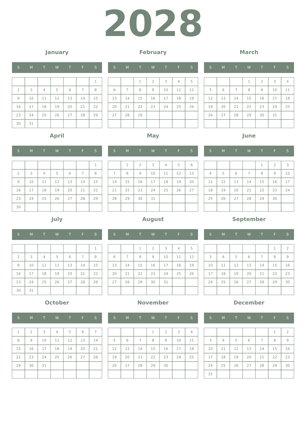 Printable 2028 Year Calendars xanadu