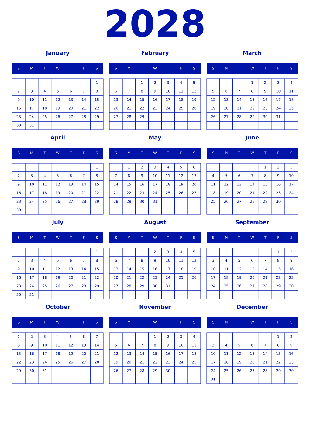 Printable 2028 Year Calendars zaffre
