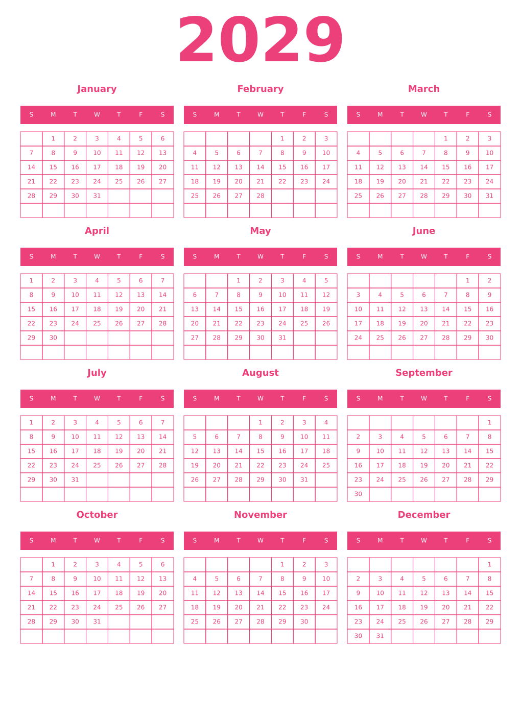 Printable 2029 Calendars