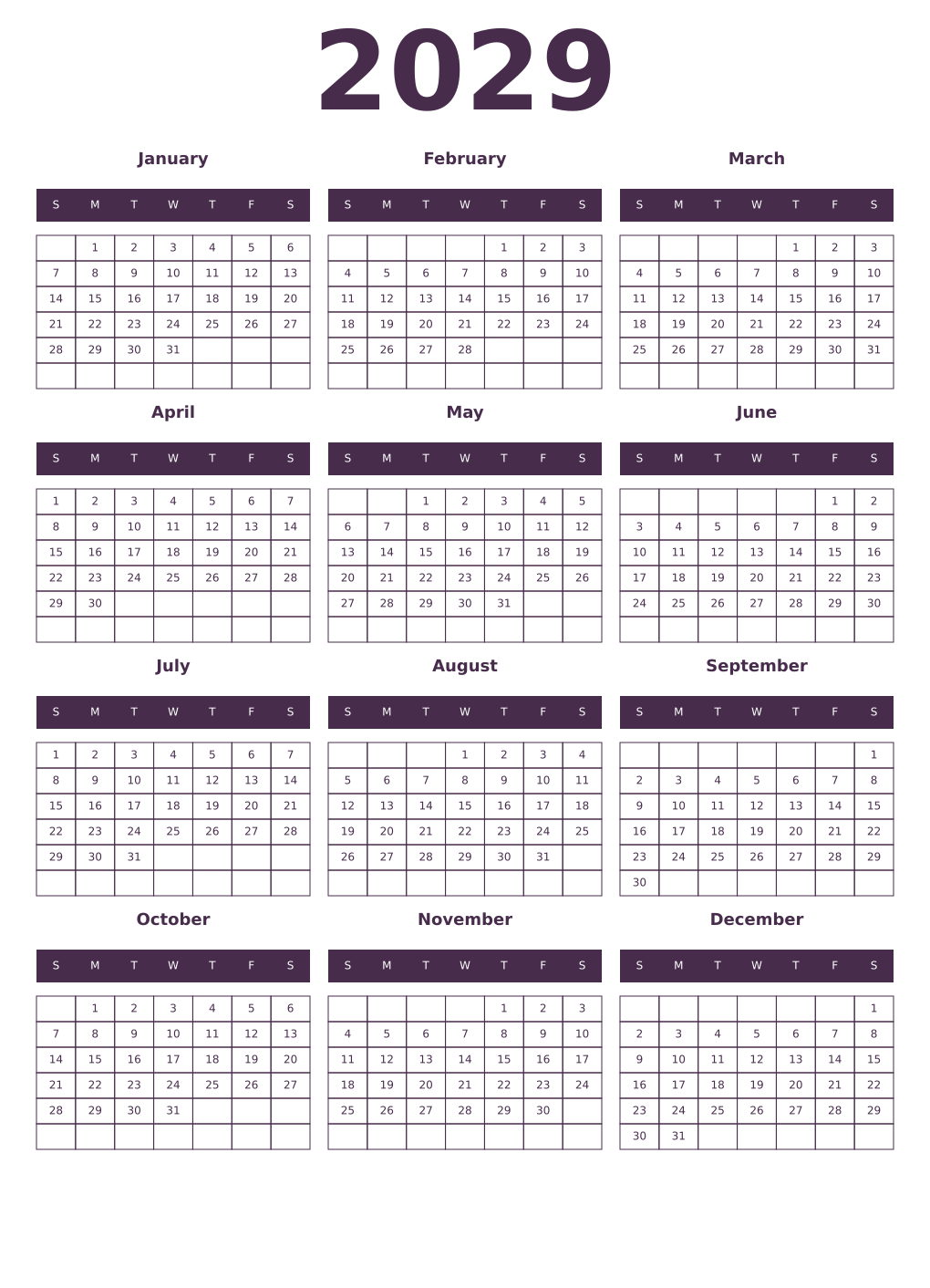 Printable 2029 Year Calendars aubergine