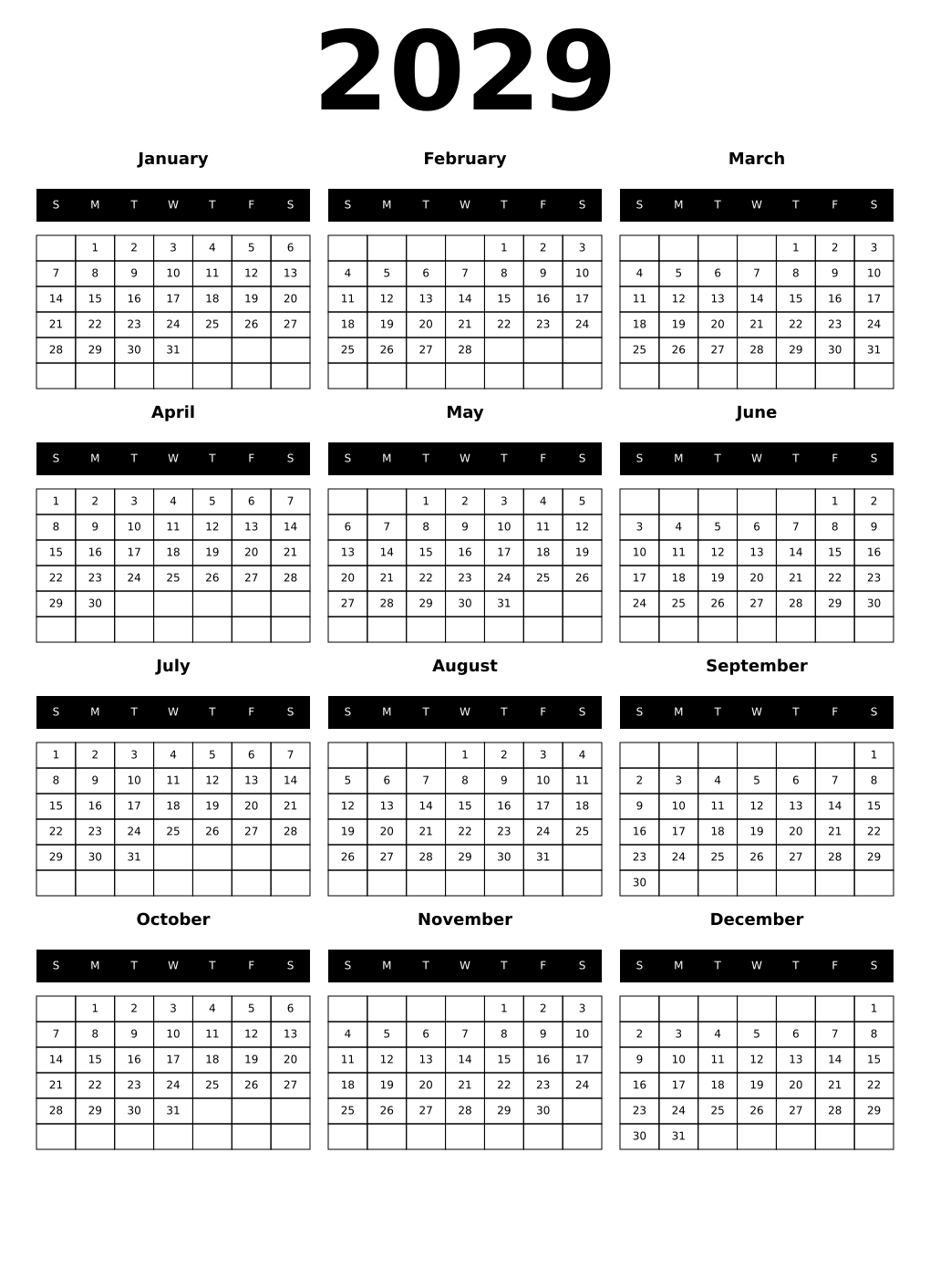 Printable 2029 Year Calendars black