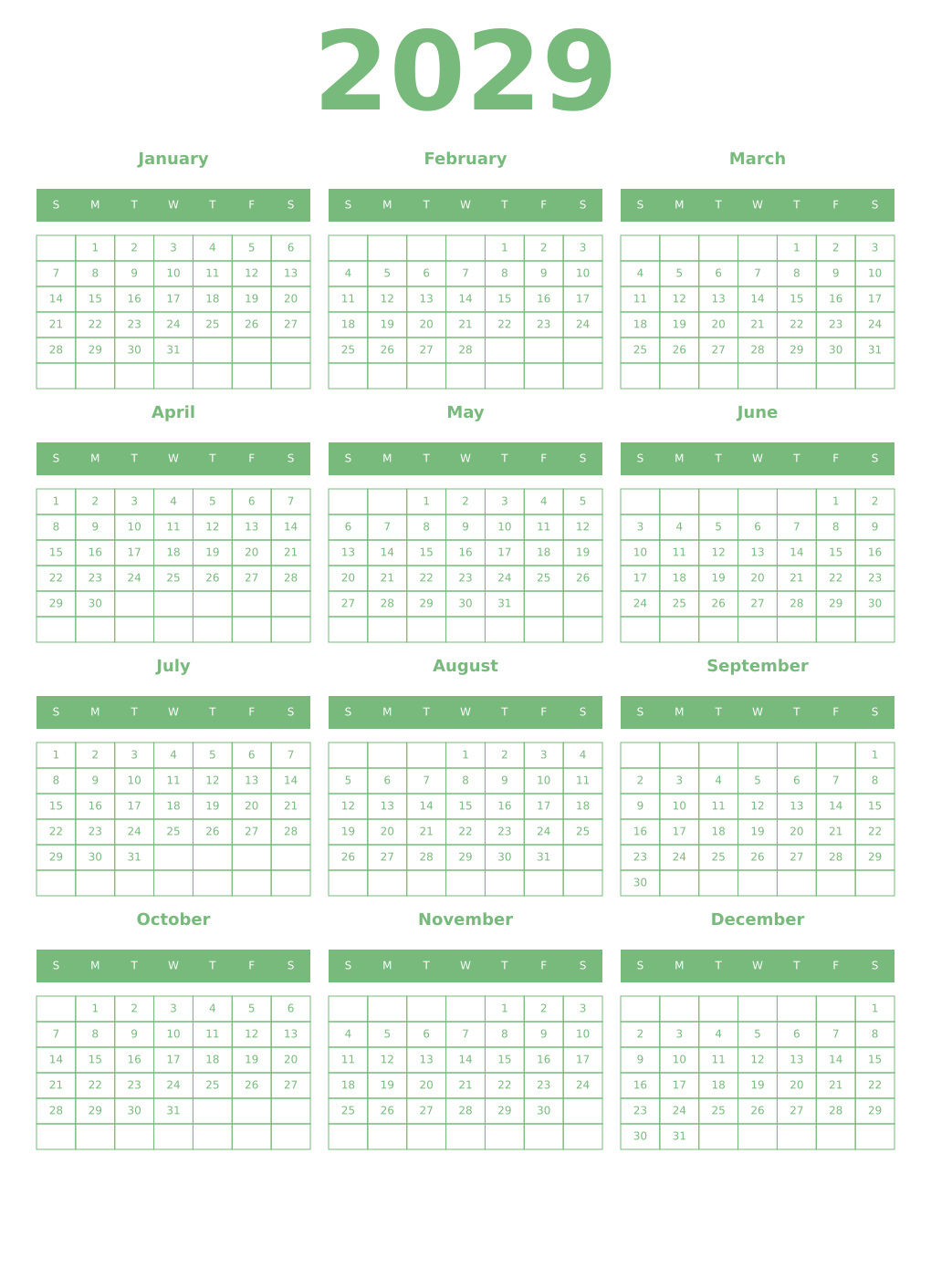 Printable 2029 Year Calendars celadon