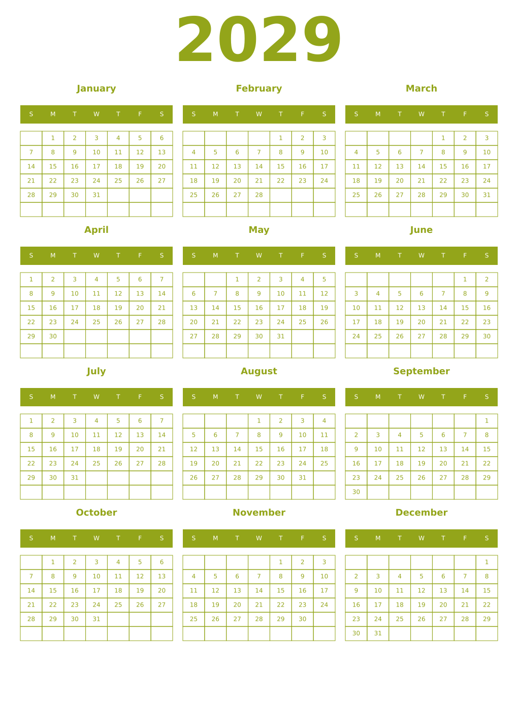 Printable 2029 Year Calendars chartreuse