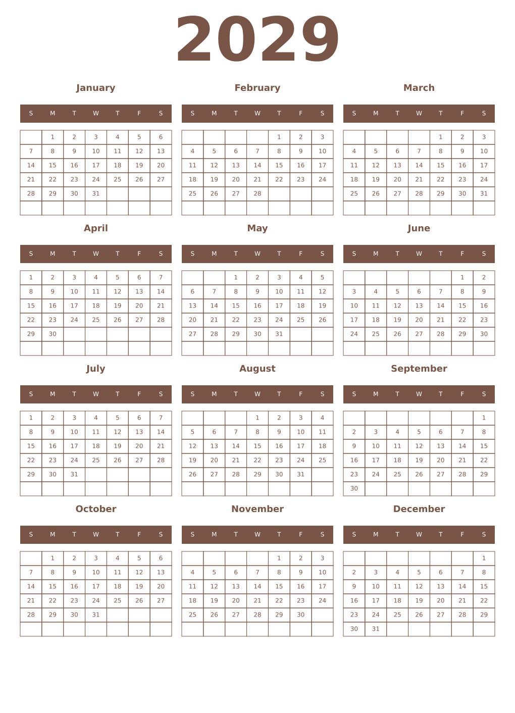 Printable 2029 Year Calendars coffe