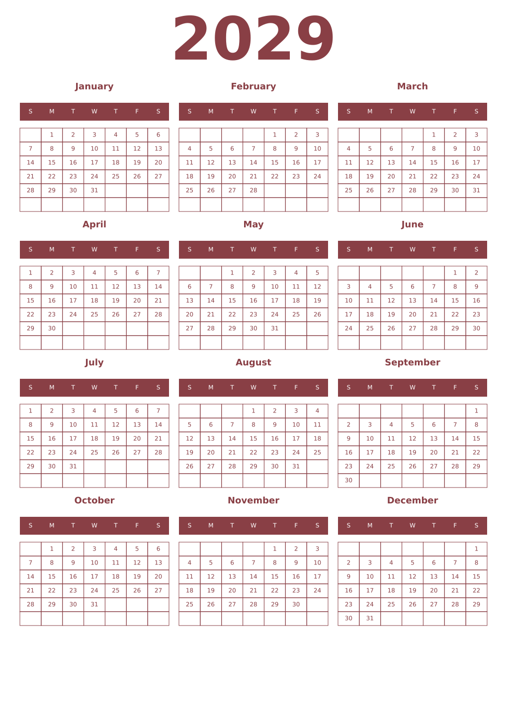 Printable 2029 Year Calendars cordovan