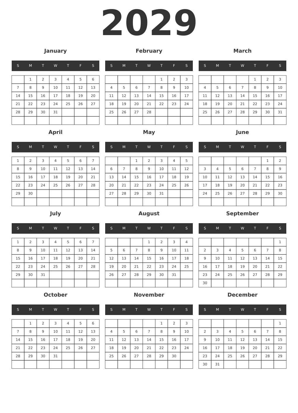 Printable 2029 Year Calendars dark