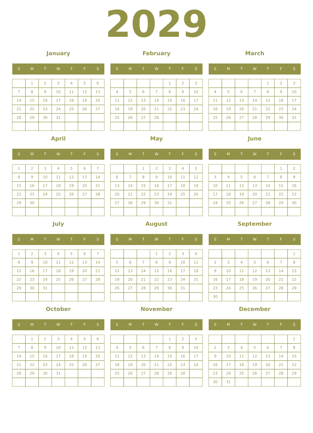 Printable 2029 Year Calendars eburnean