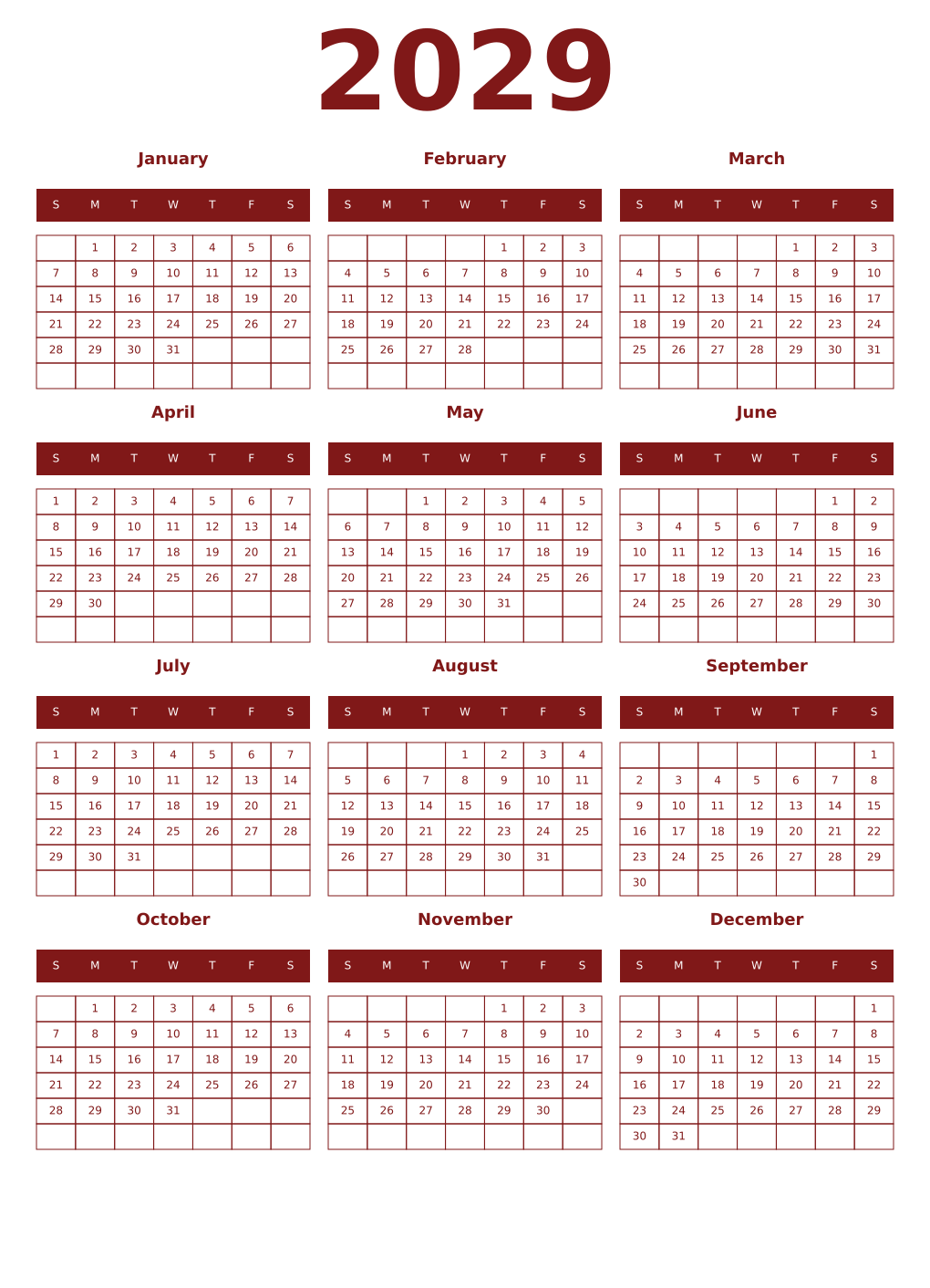 Printable 2029 Year Calendars falu