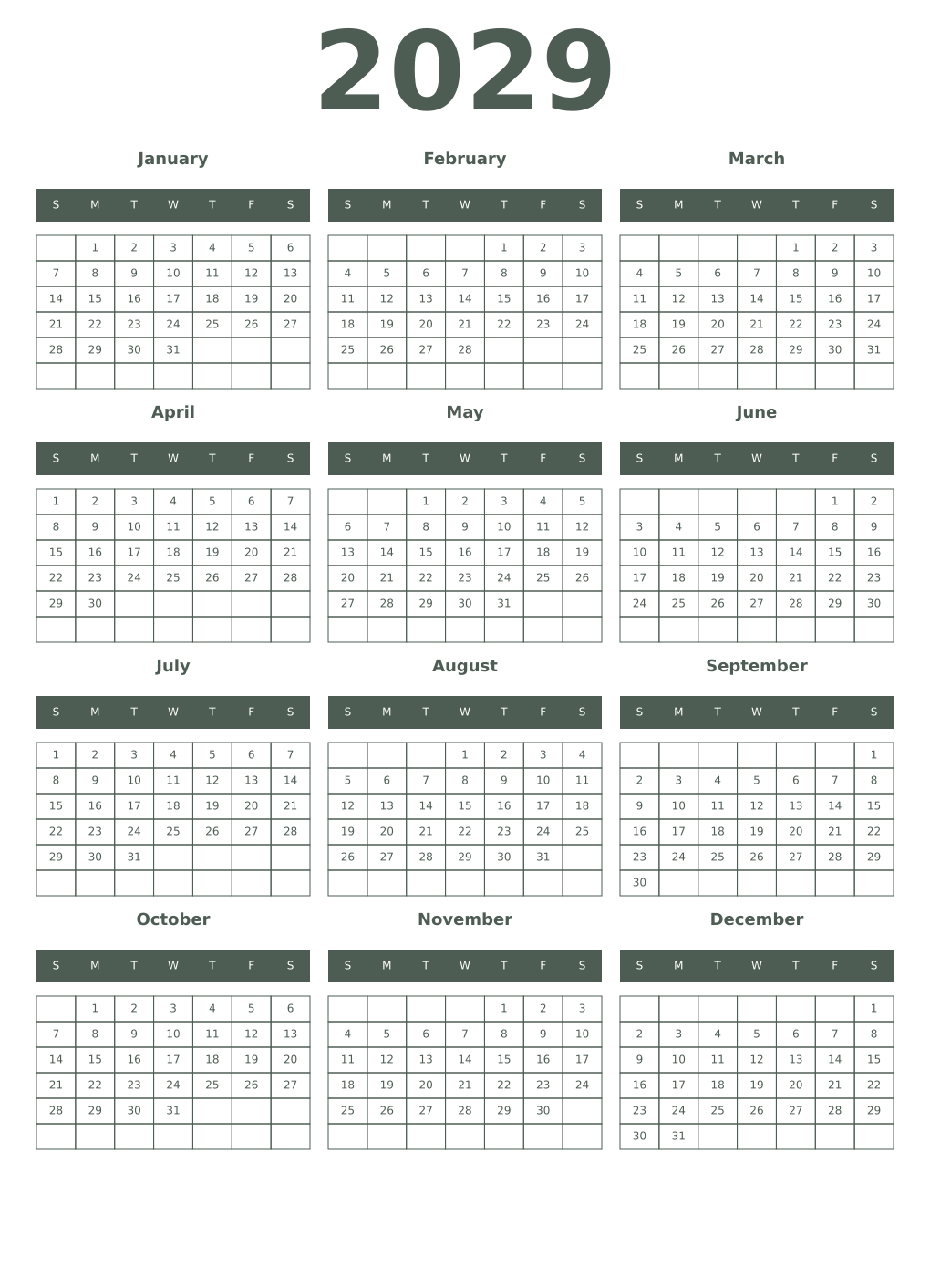 Printable 2029 Year Calendars feldgrau