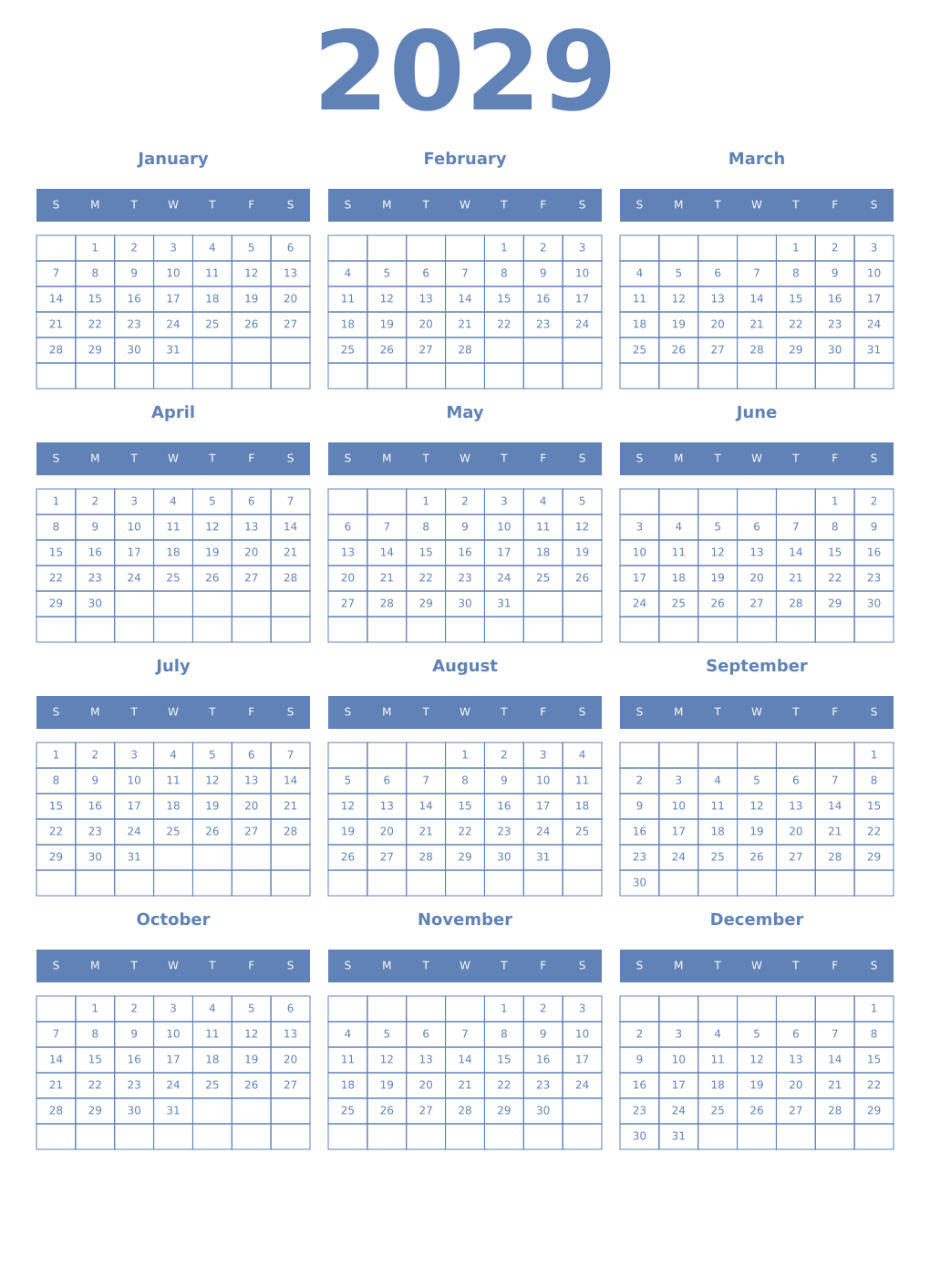 Printable 2029 Year Calendars glaucous