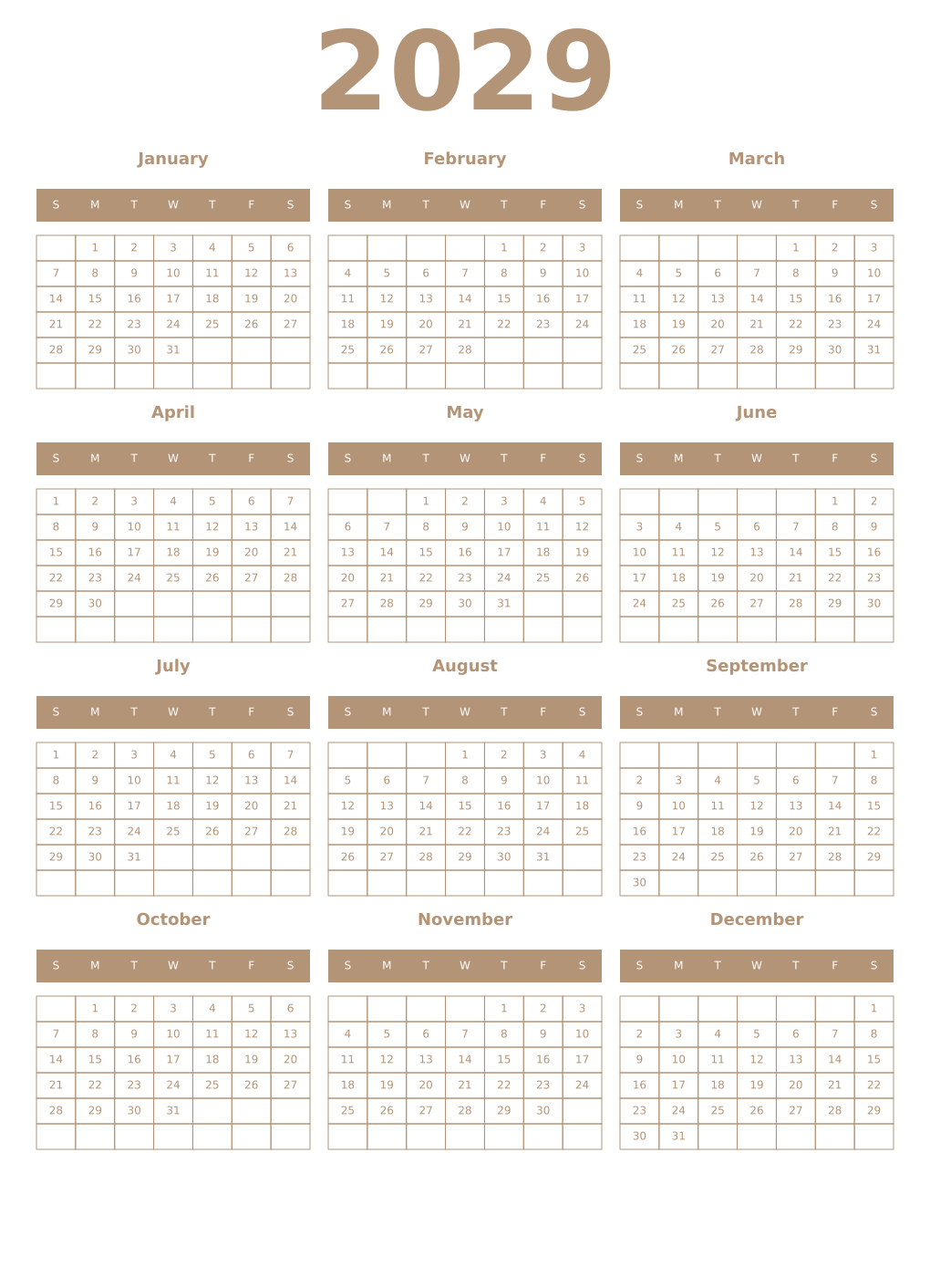 Printable 2029 Year Calendars isabelline