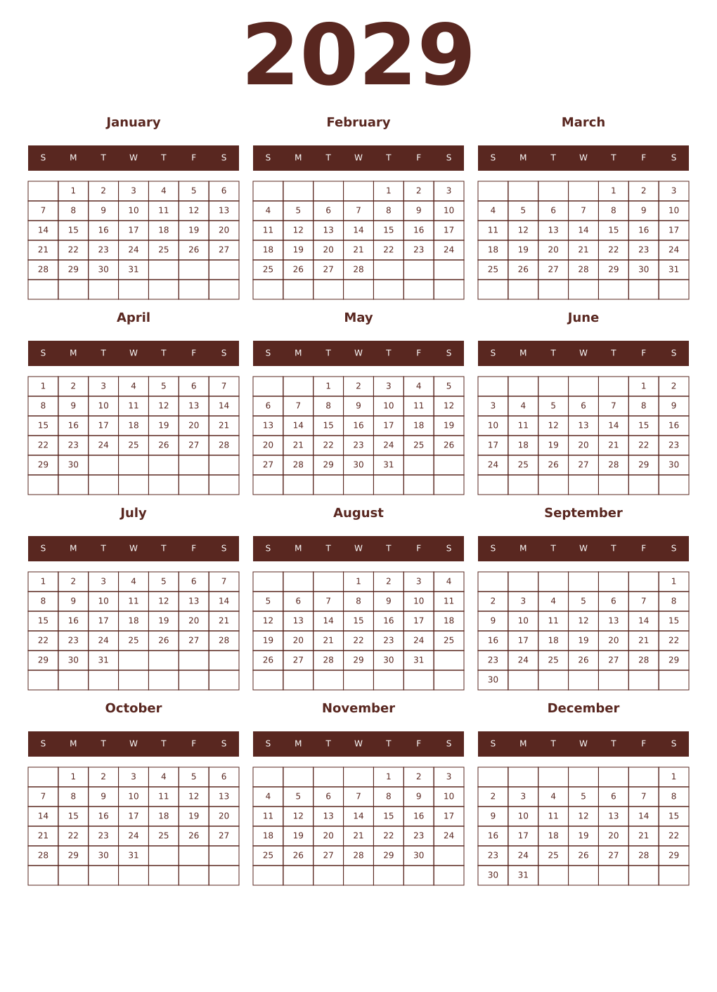 Printable 2029 Year Calendars mortuum