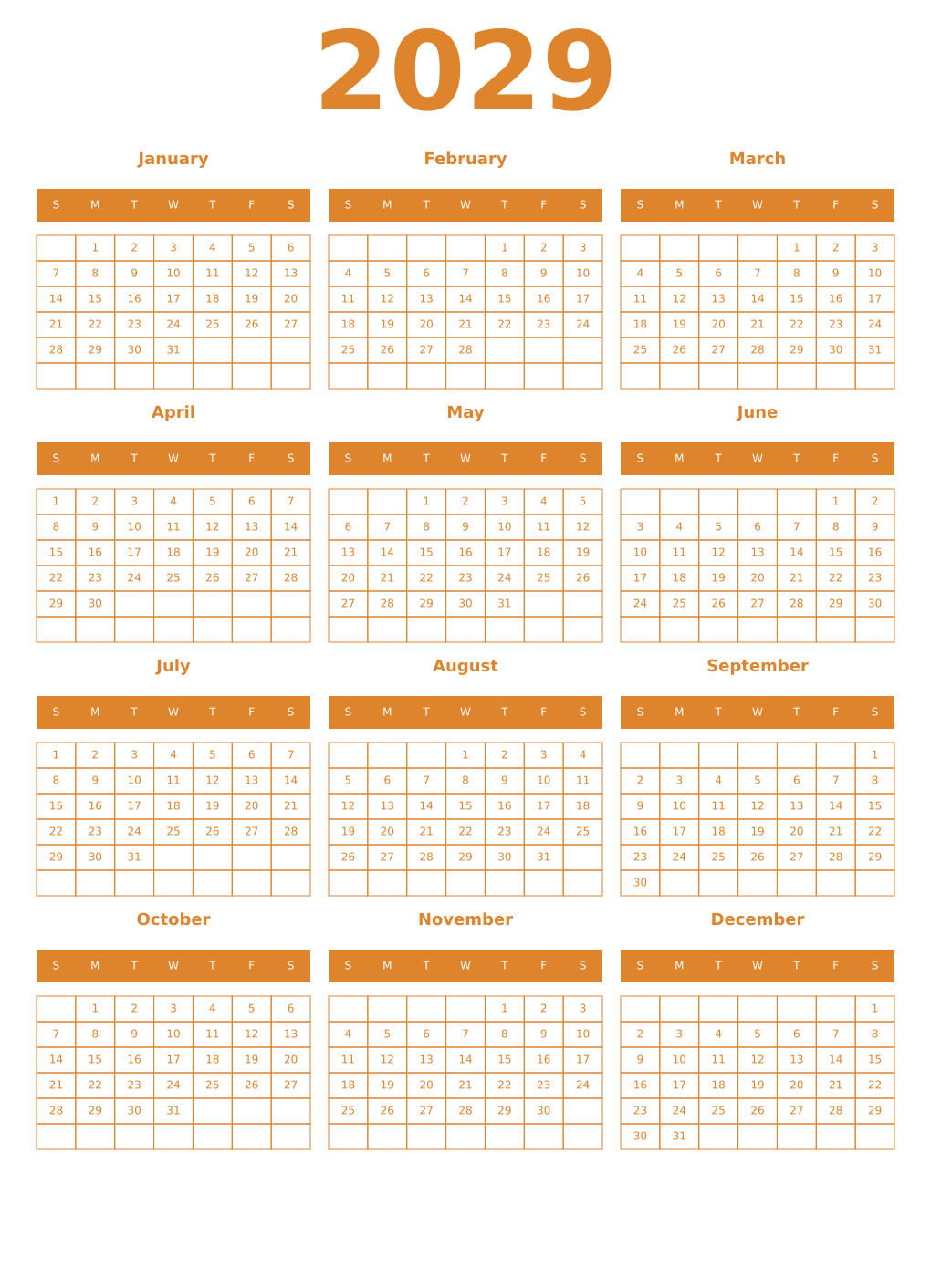 Printable 2029 Year Calendars orange