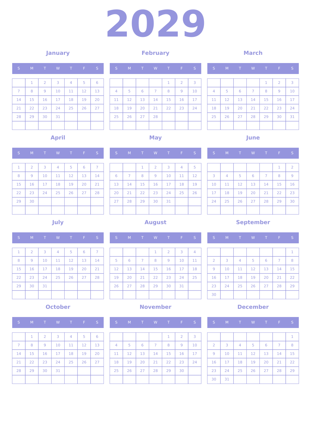 Printable 2029 Year Calendars periwinkle