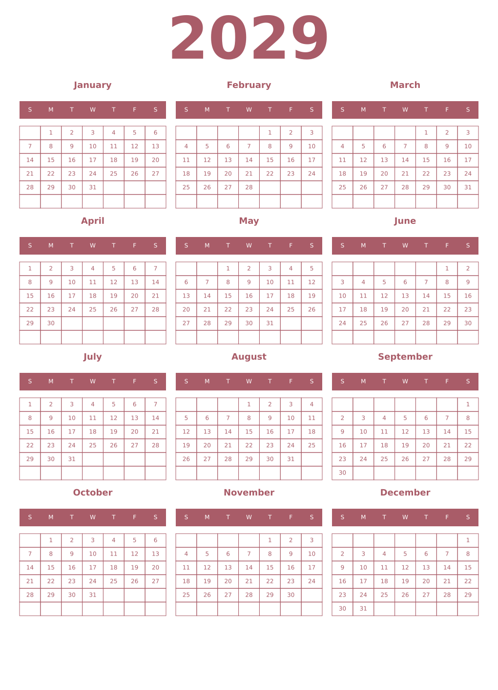 Printable 2029 Year Calendars puce