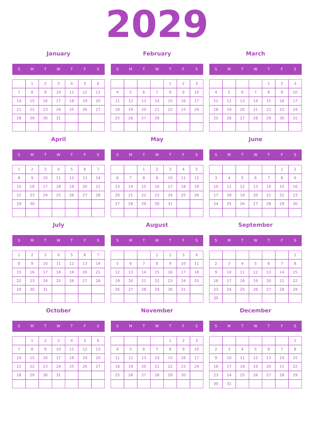 Printable 2029 Year Calendars purple