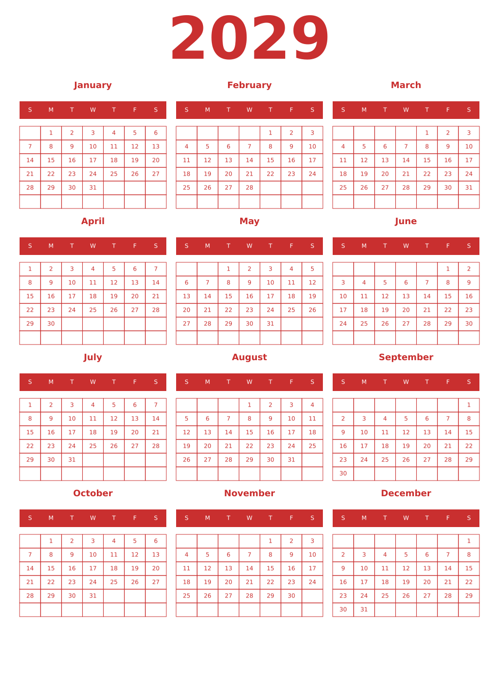Printable 2029 Year Calendars red