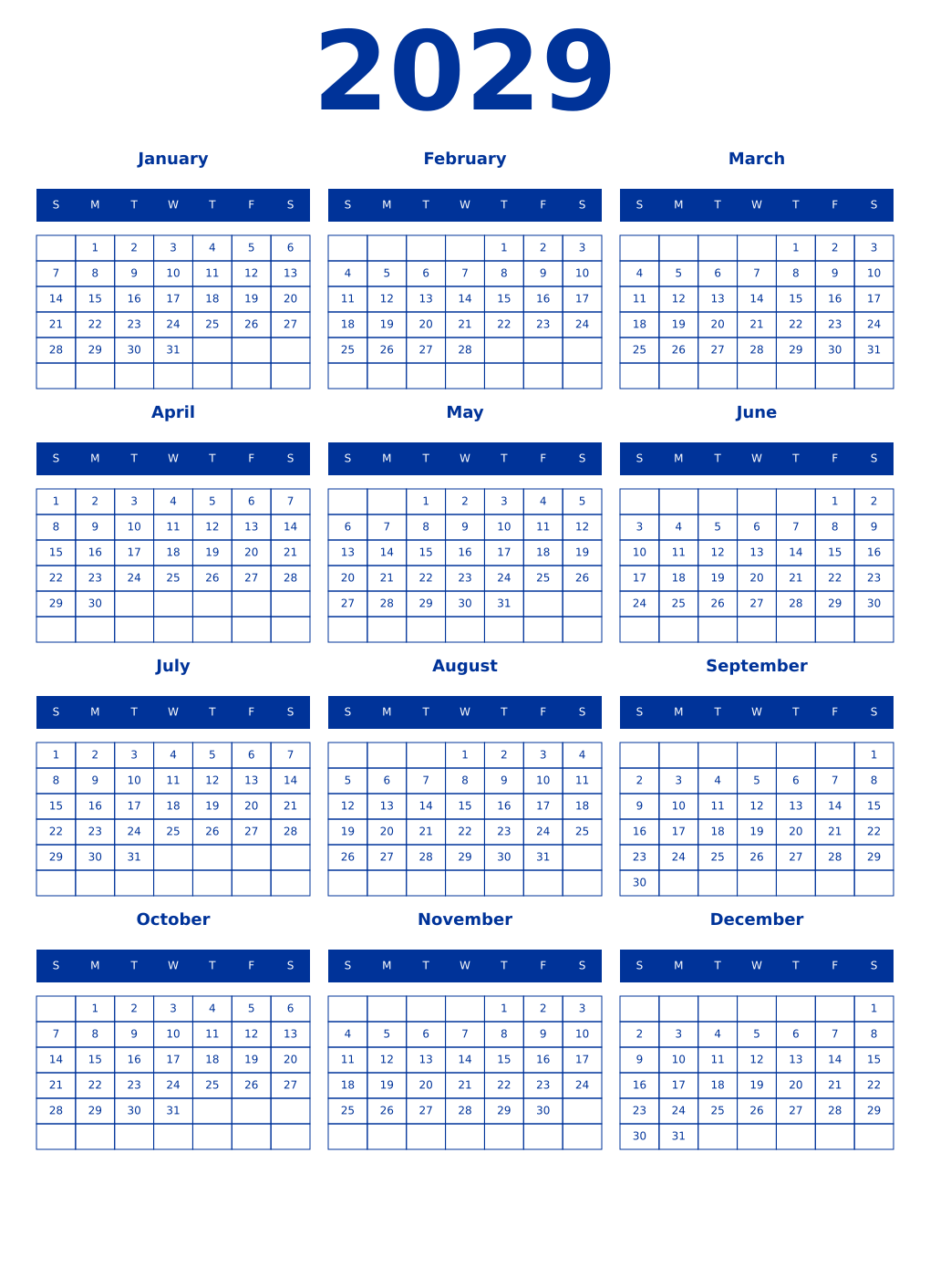 Printable 2029 Year Calendars smalt