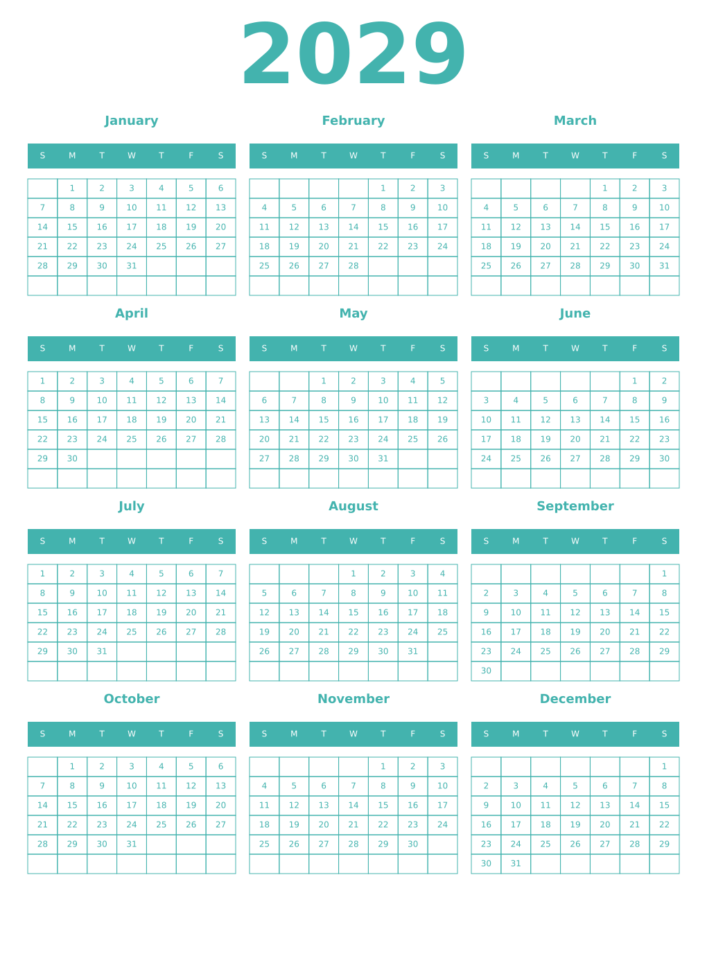 Printable 2029 Year Calendars verdigris
