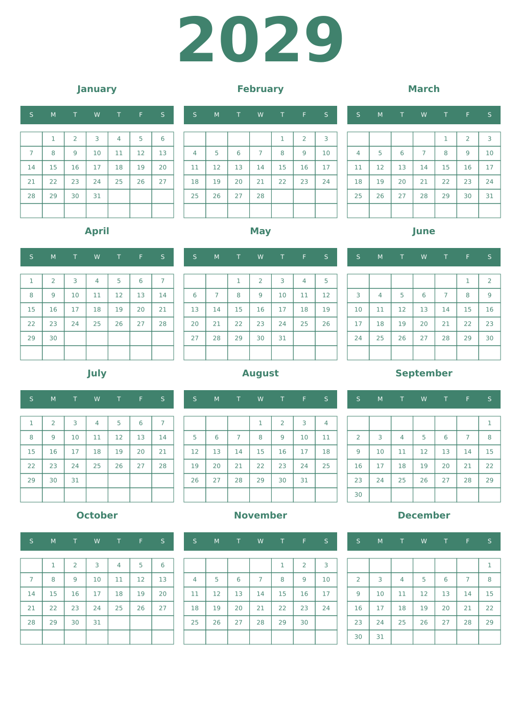 Printable 2029 Year Calendars viridian