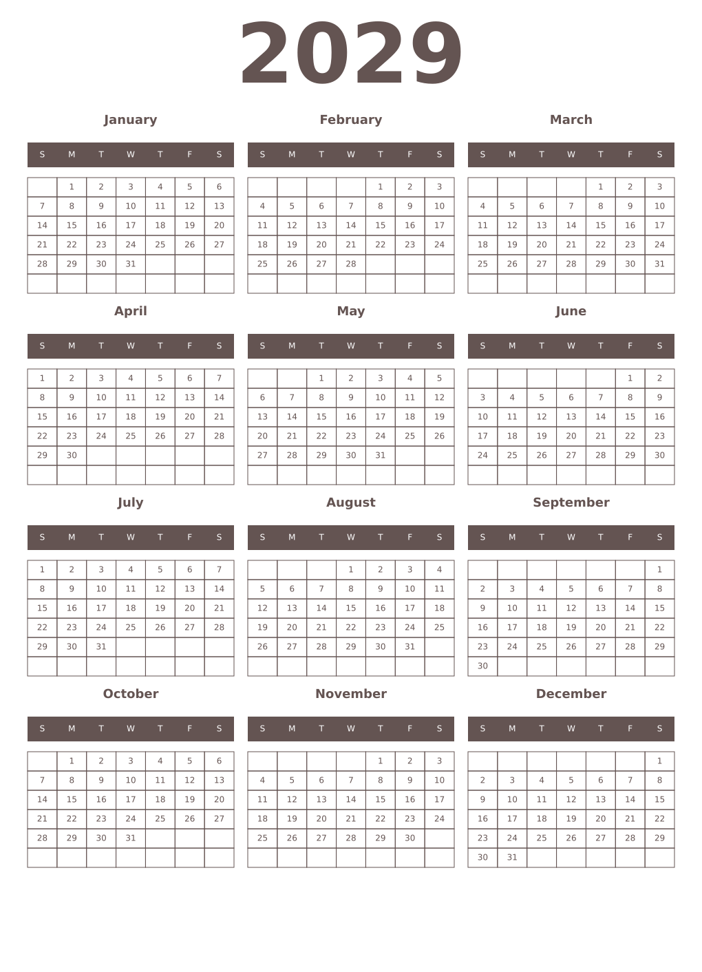 Printable 2029 Year Calendars wenge