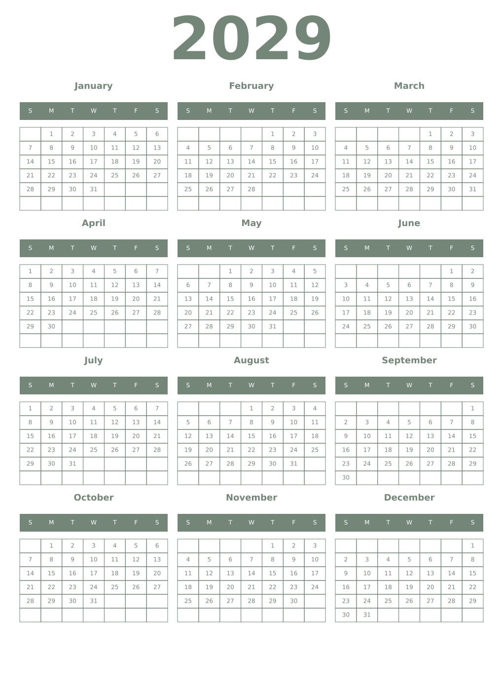 Printable 2029 Year Calendars xanadu