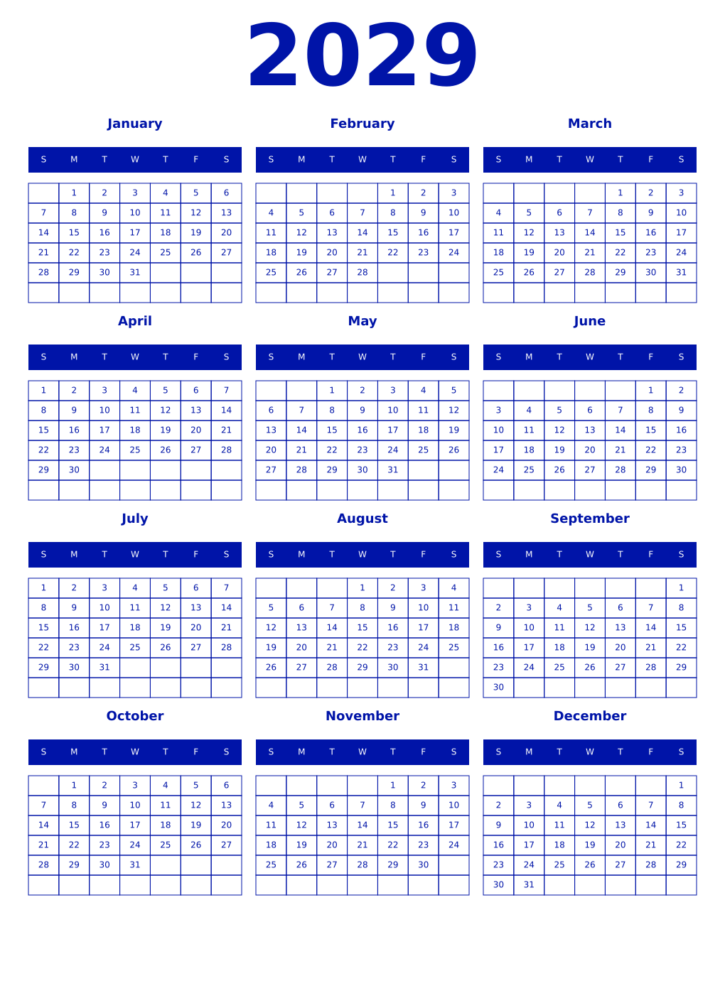 Printable 2029 Year Calendars zaffre