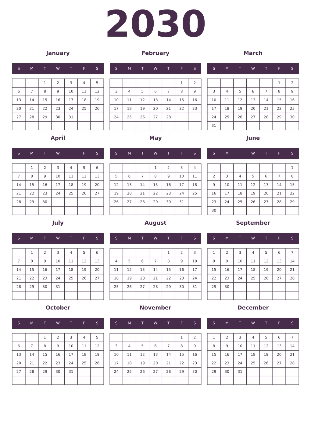 Printable 2030 Year Calendars aubergine