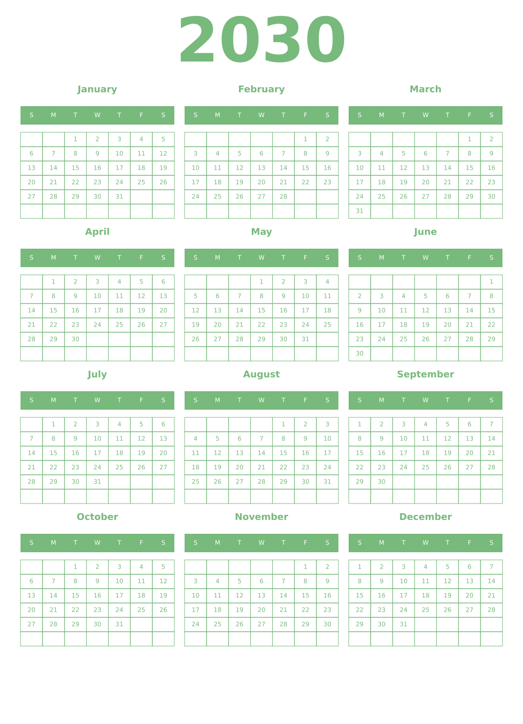 Printable 2030 Year Calendars celadon