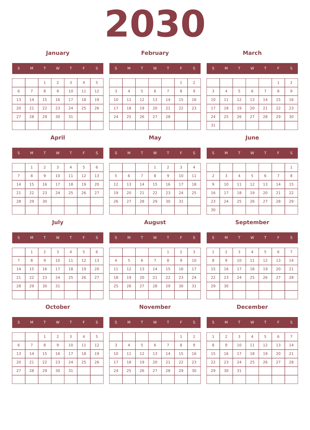 Printable 2030 Year Calendars cordovan