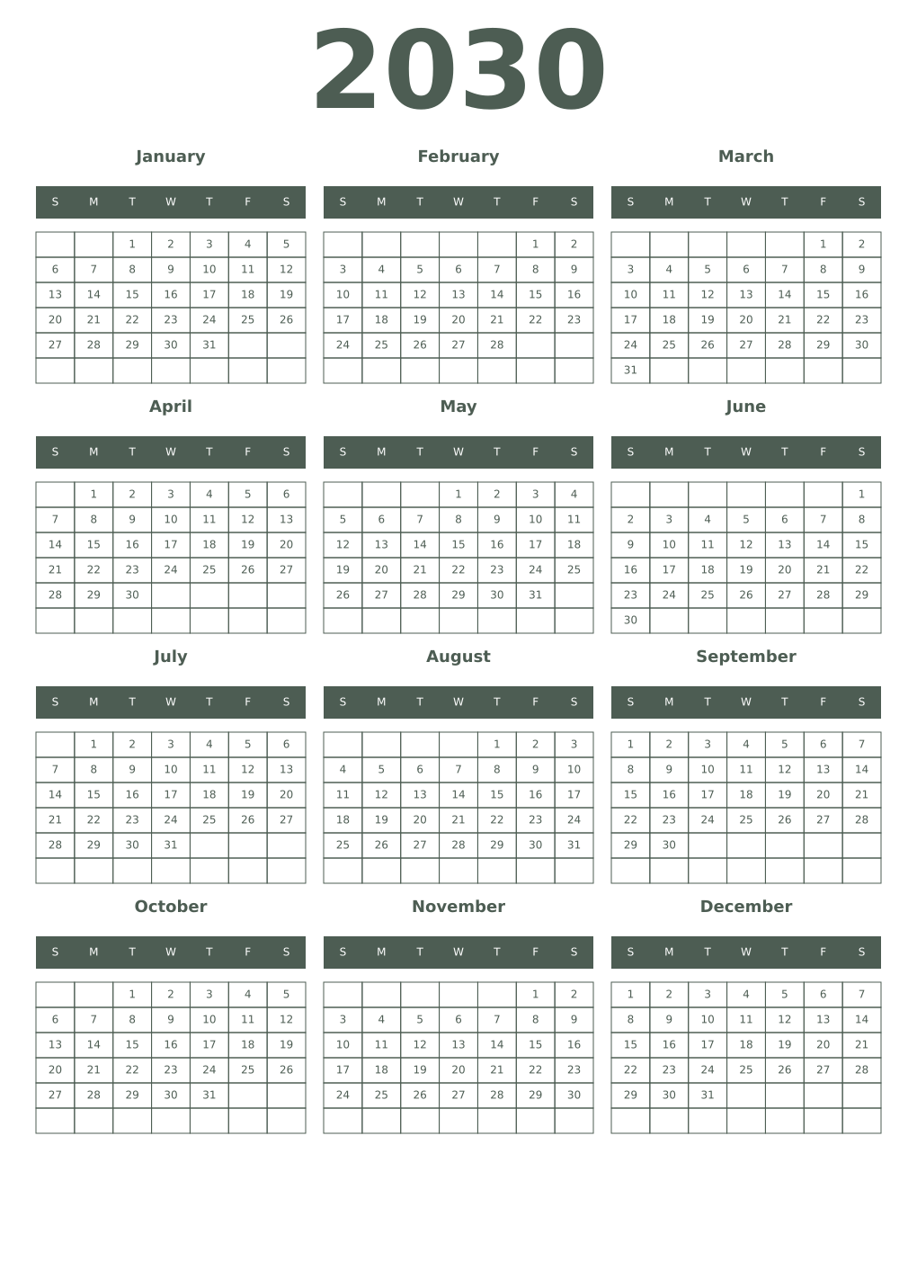 Printable 2030 Year Calendars feldgrau