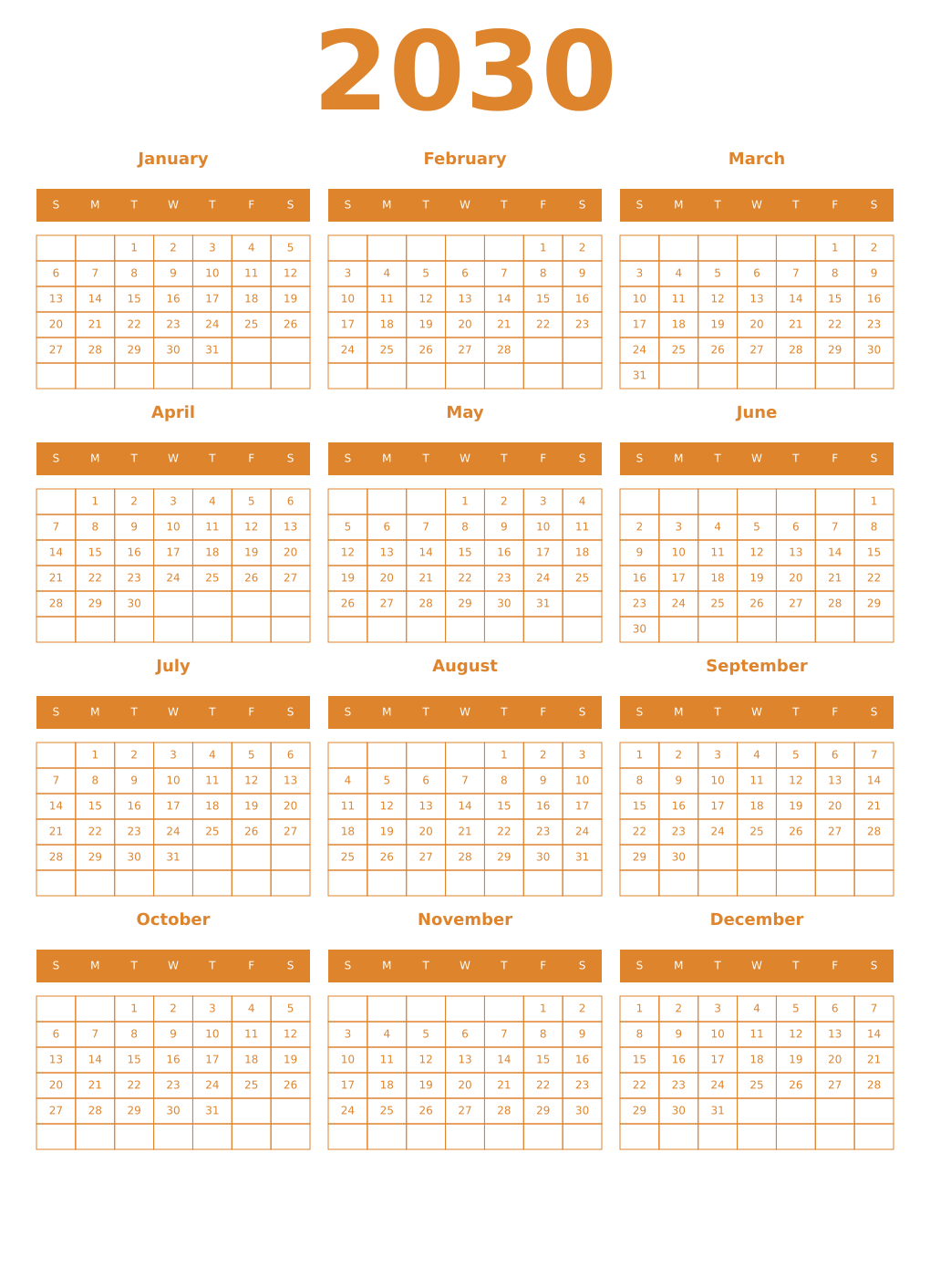 Printable 2030 Year Calendars orange