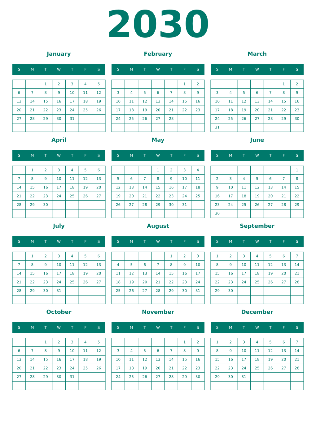 Printable 2030 Year Calendars pastel